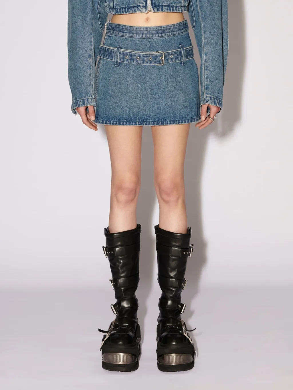 Belted Straight Hem Denim Mini Skirt