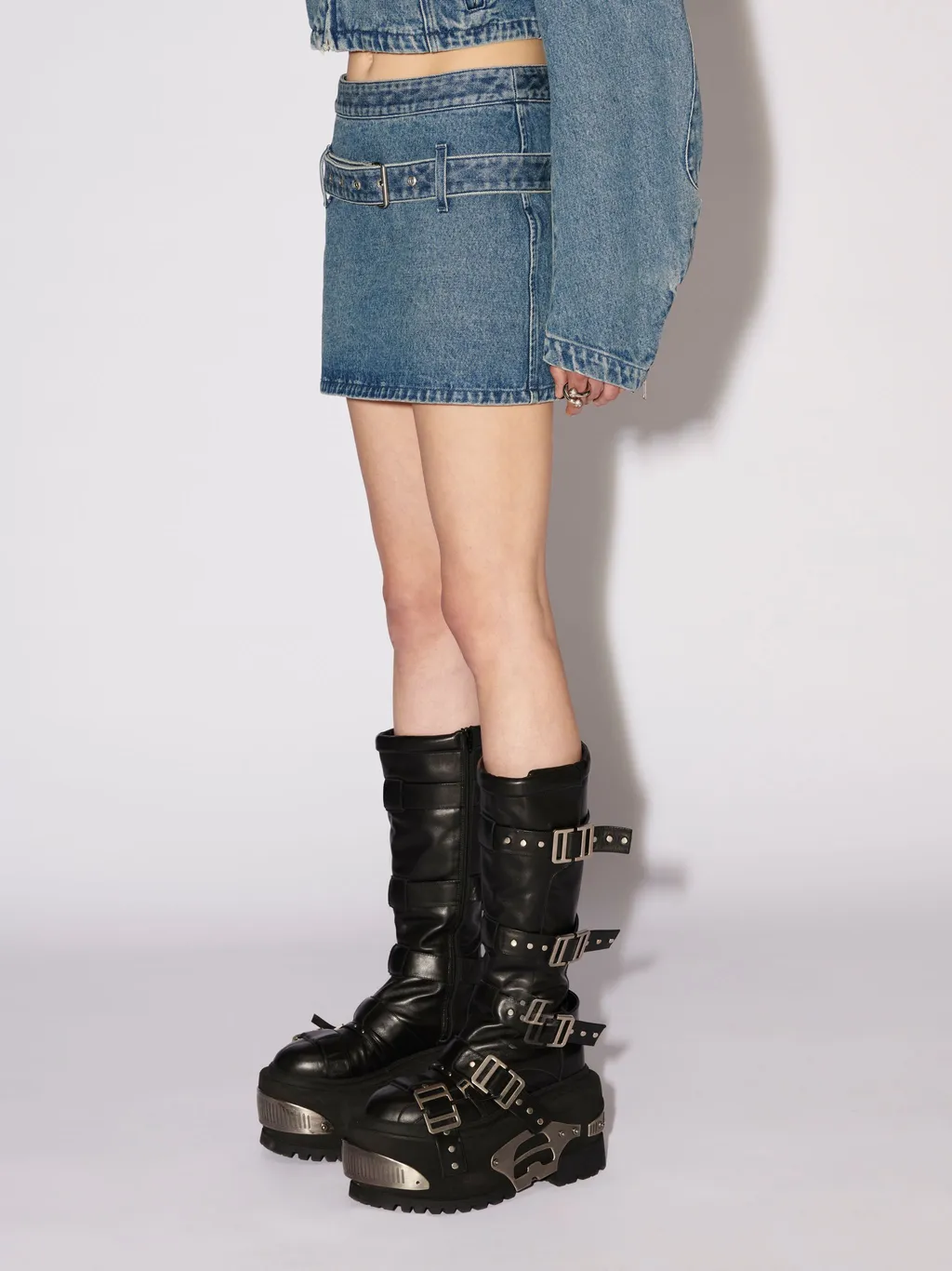 Belted Straight Hem Denim Mini Skirt