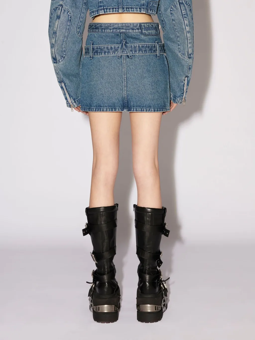 Belted Straight Hem Denim Mini Skirt