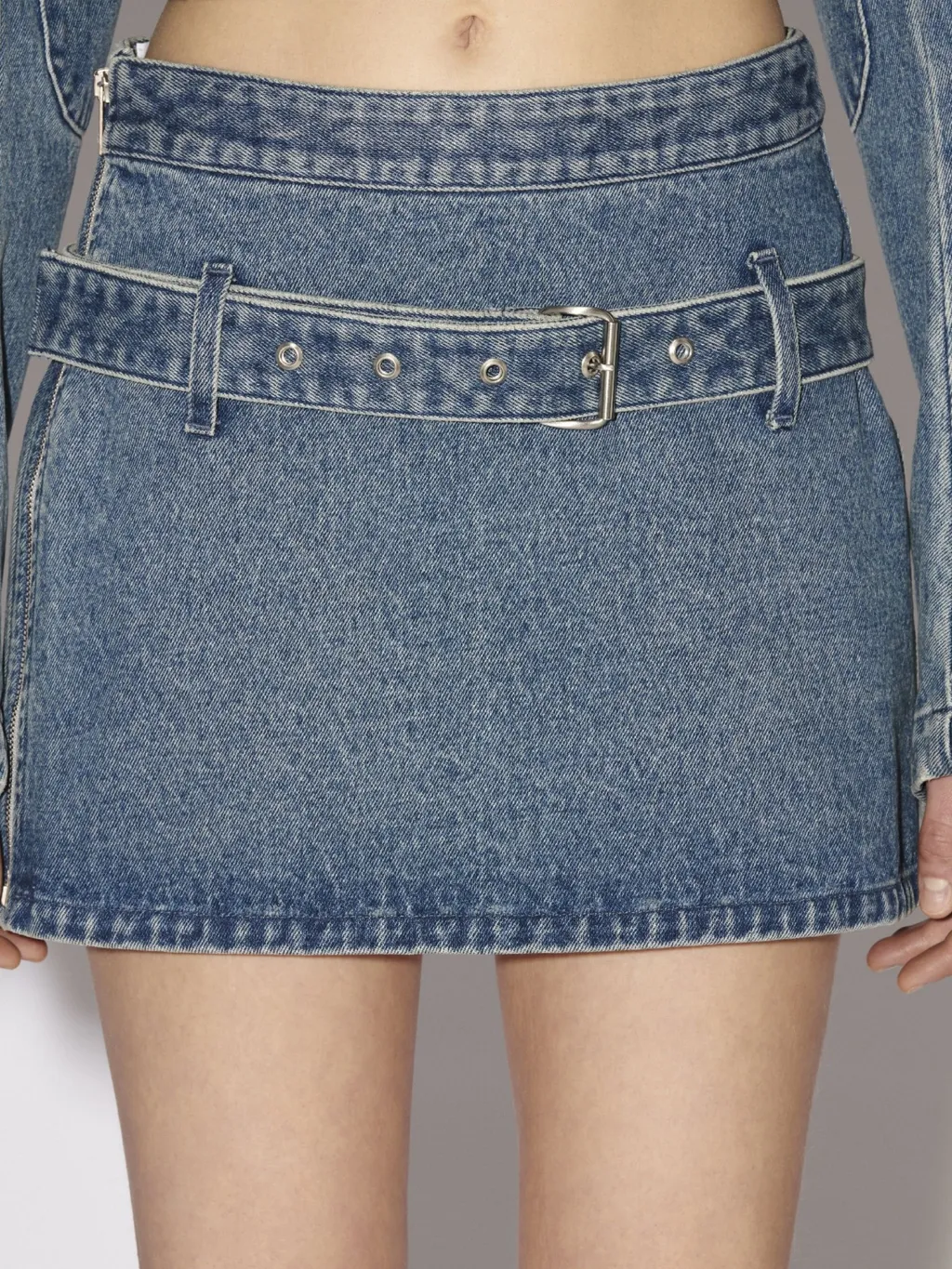 Belted Straight Hem Denim Mini Skirt