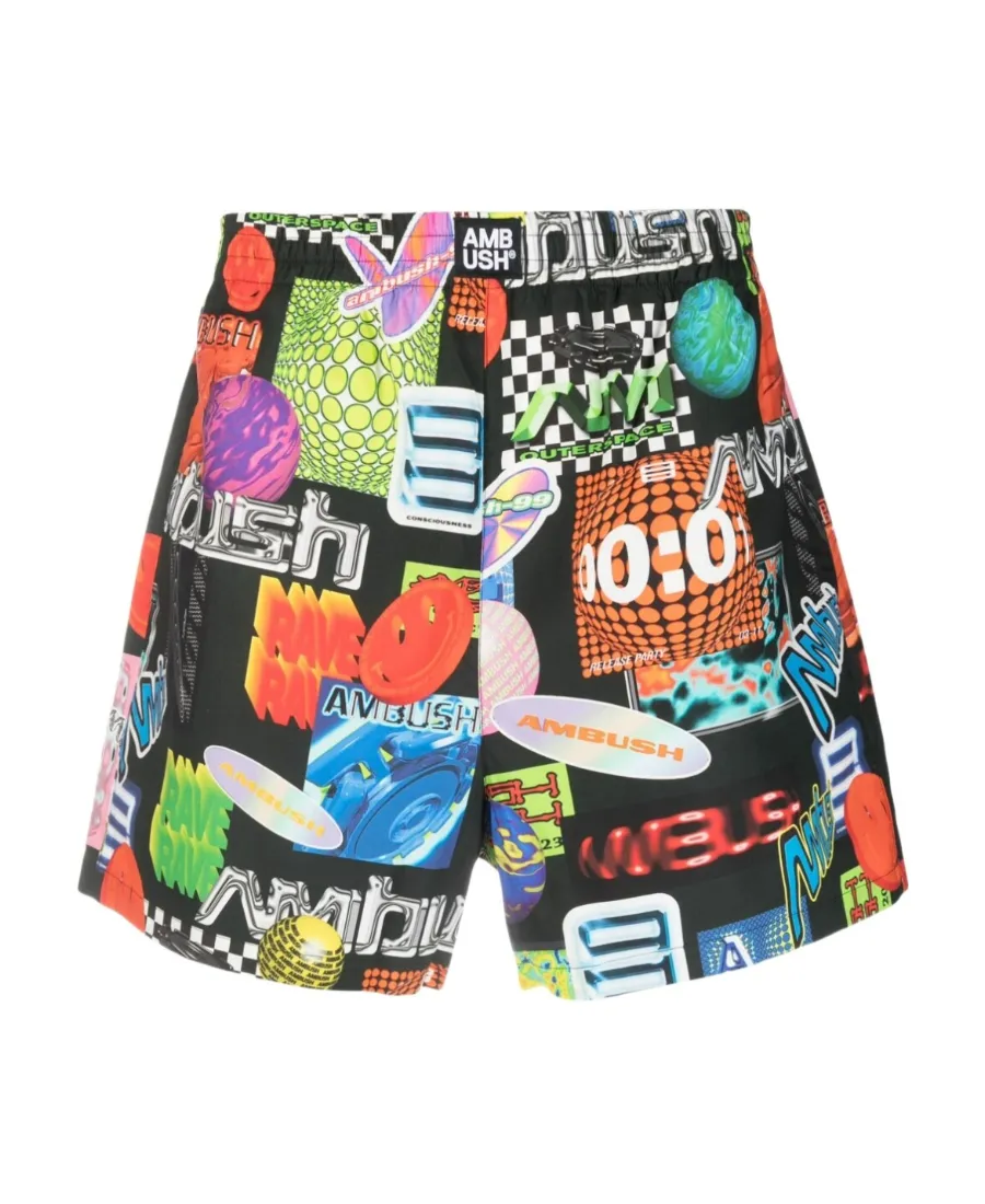 Graphic-Print Elasticated-Waistband Shorts