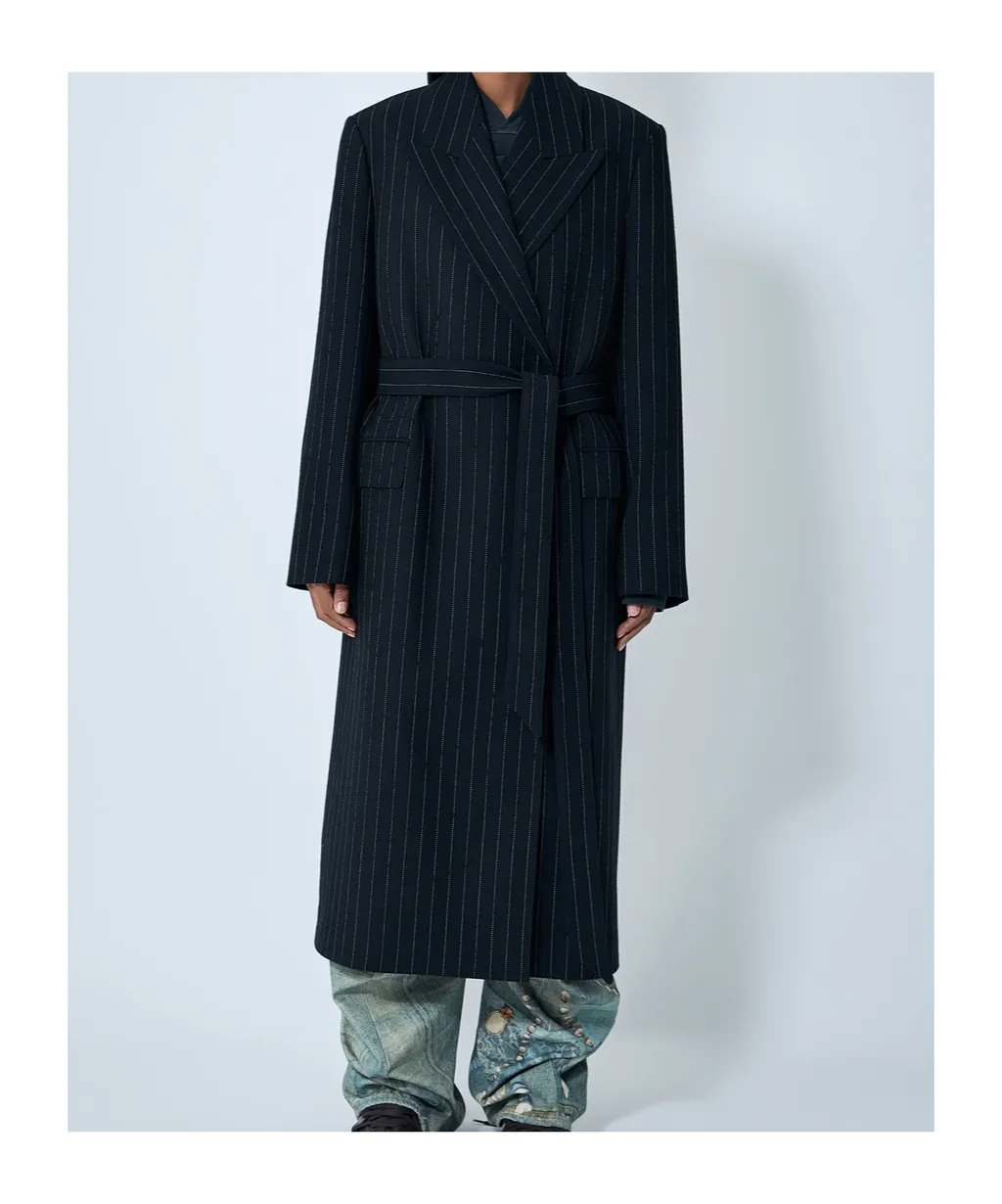 Belted Pinstripe Coat