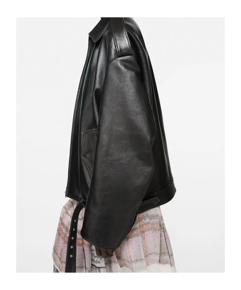 Buckle-Belt Zipped Leather Jacket