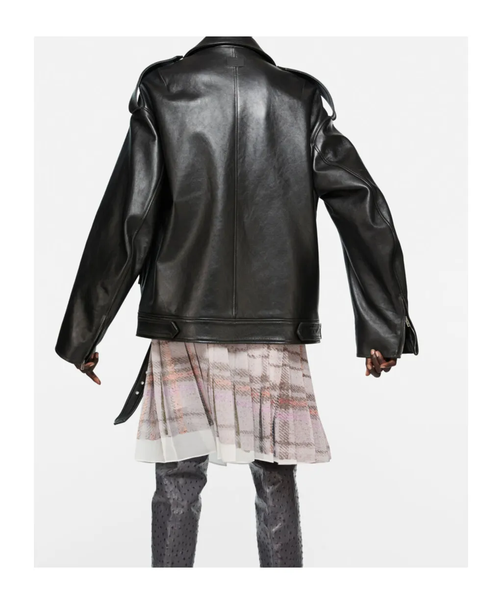 Buckle-Belt Zipped Leather Jacket