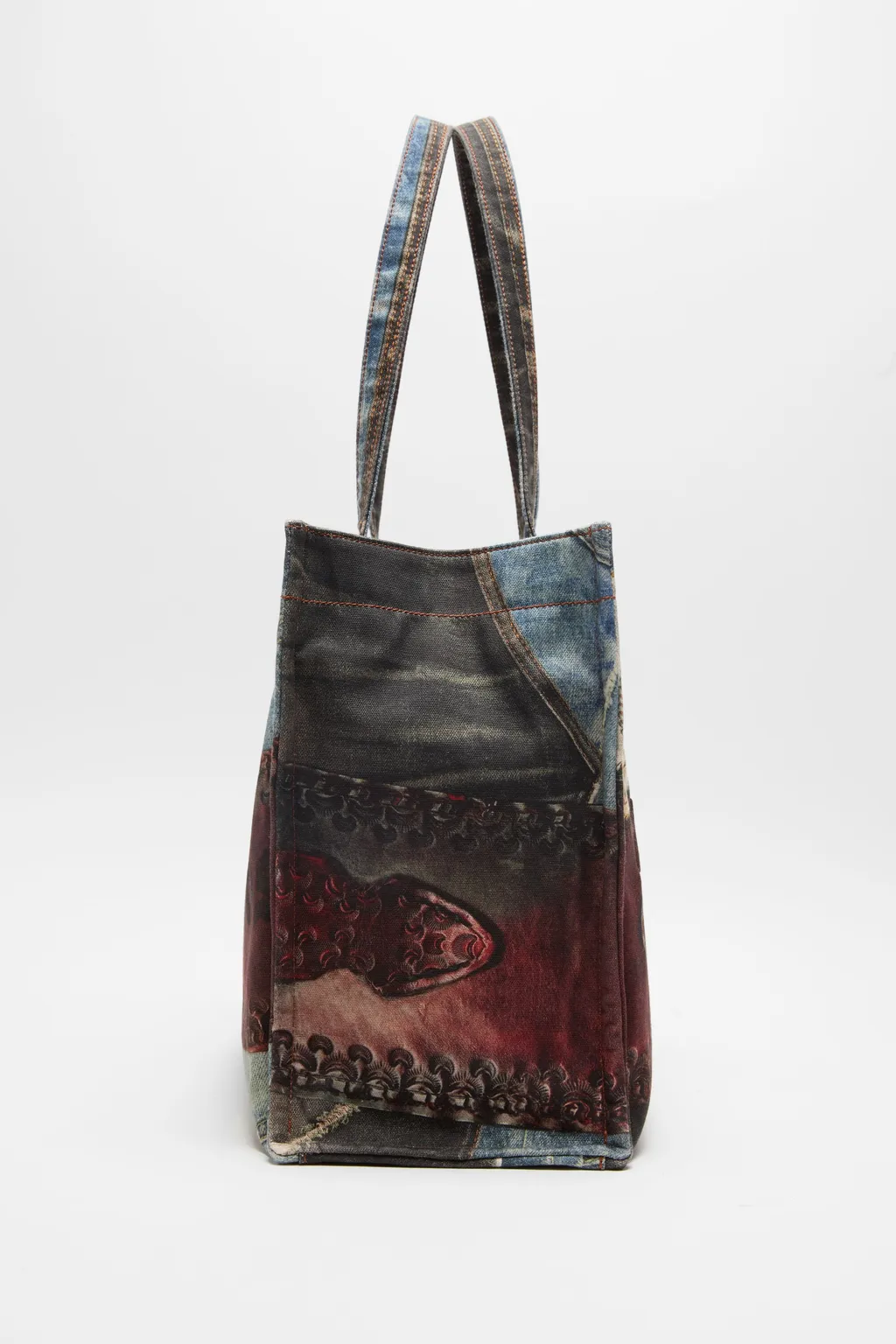 Denim-Patch Heart Top Handle Bag