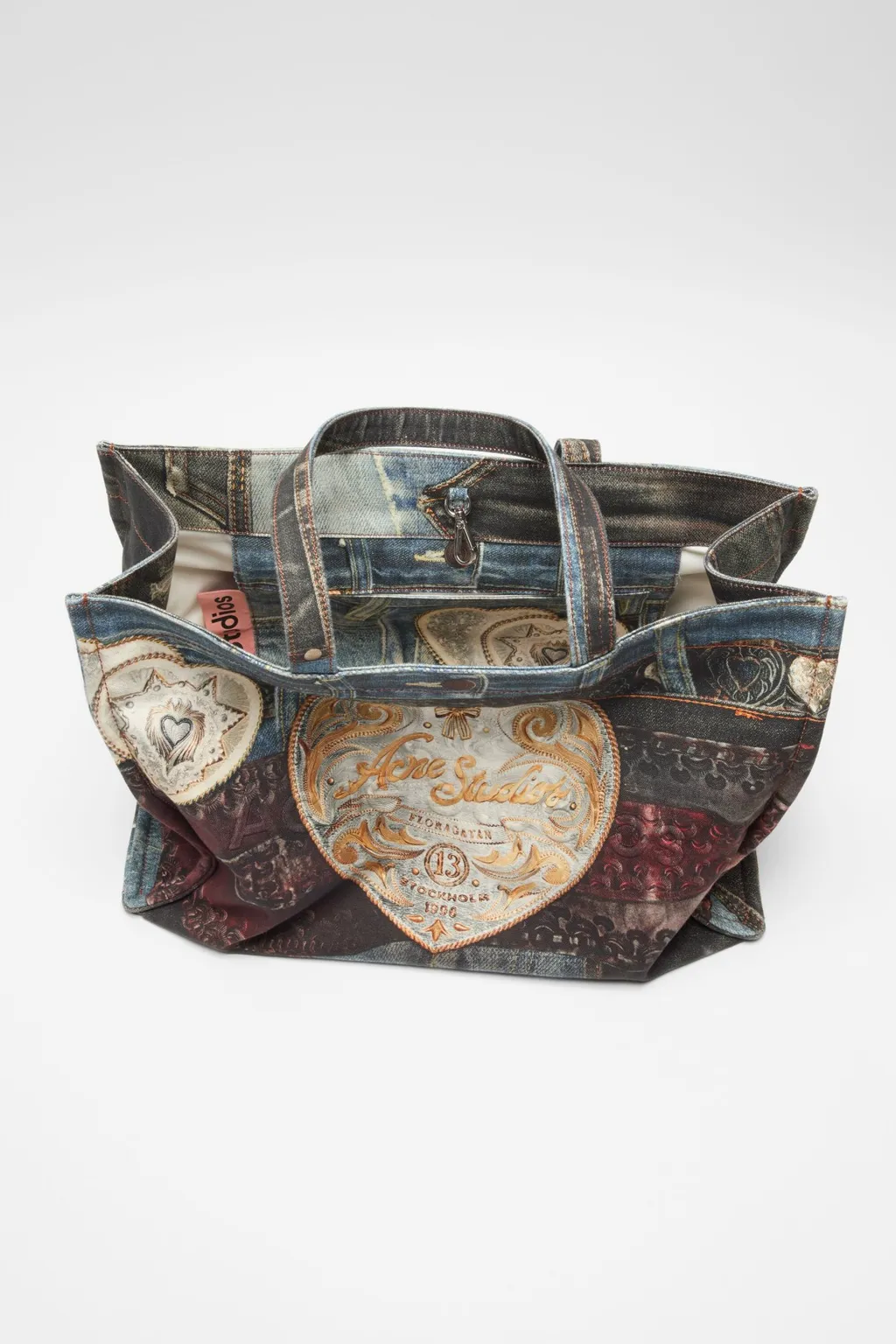 Denim-Patch Heart Top Handle Bag