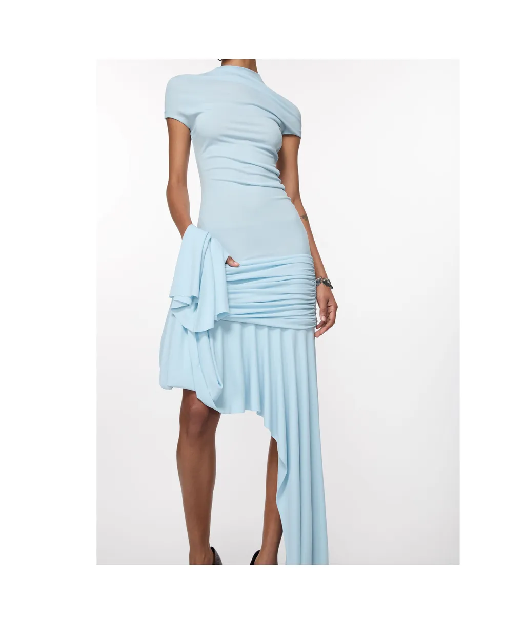 Short-Sleeved Draped Asymmetric Hem Dress