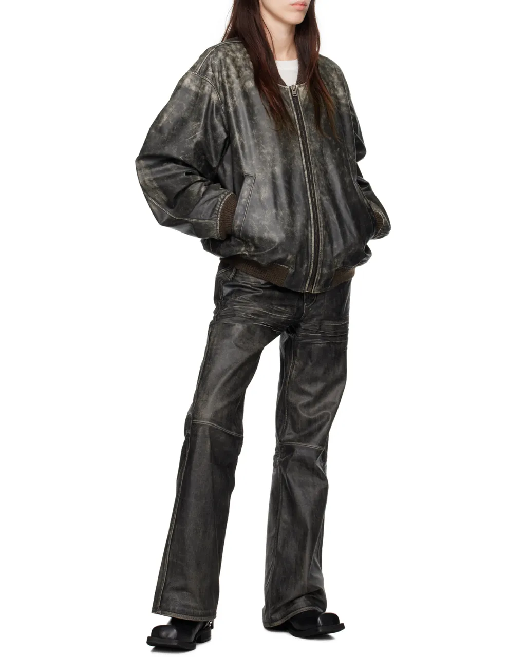 Logo Embossed Faded Leather Jacket