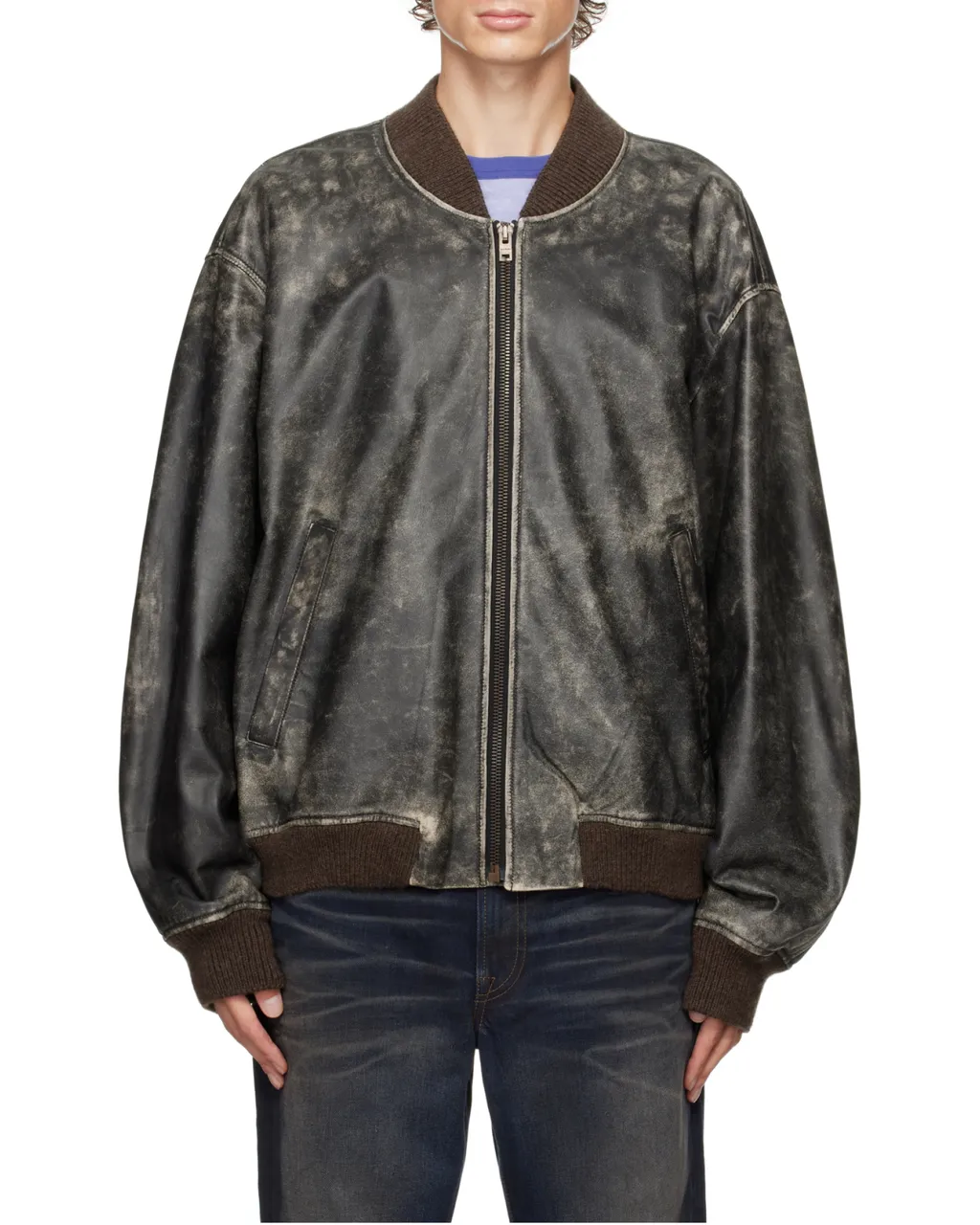 Logo Embossed Faded Leather Jacket