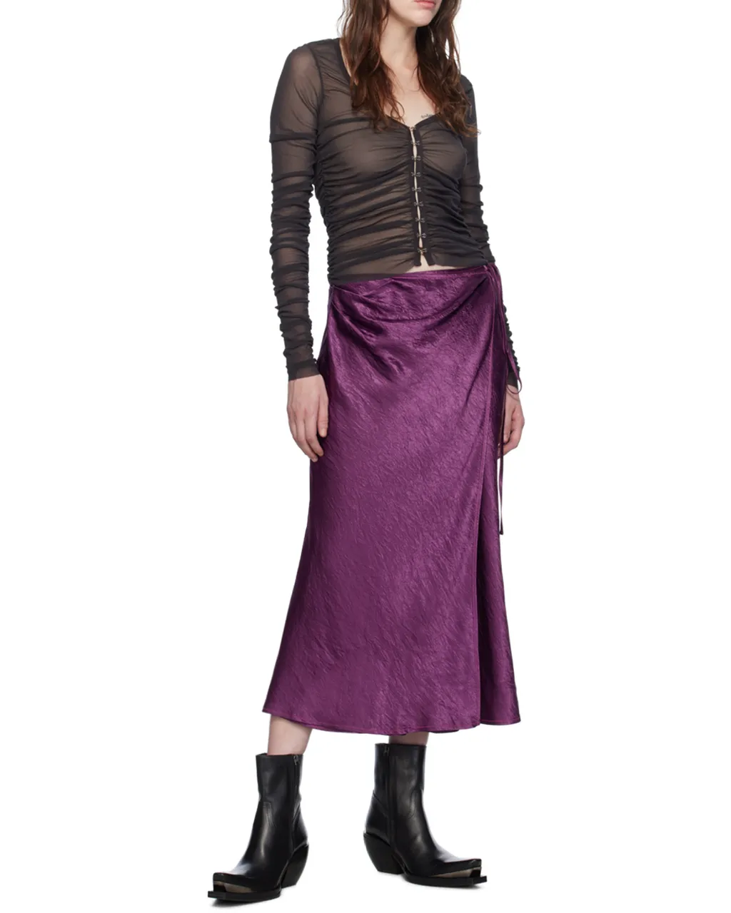 V-Neck Semi-Sheer Ruched Blouse