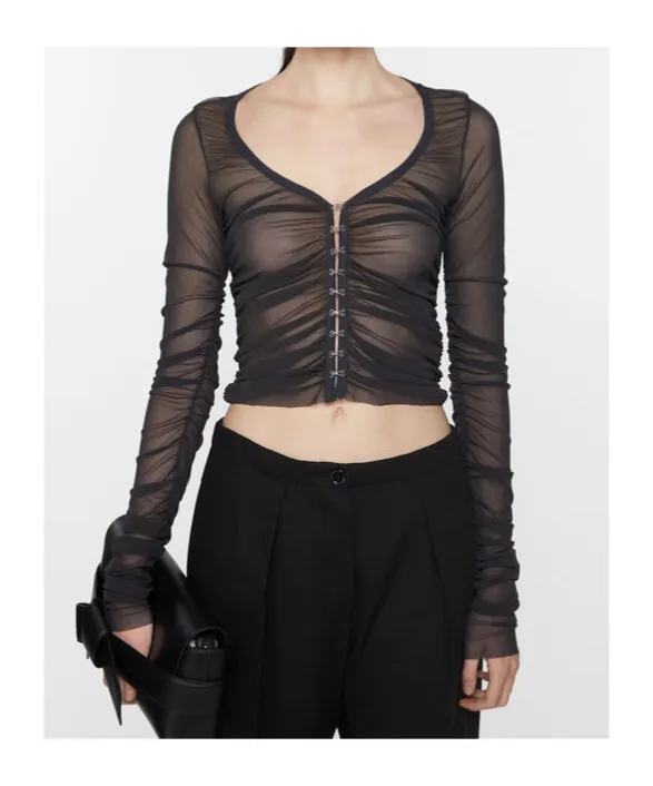 V-Neck Semi-Sheer Ruched Blouse