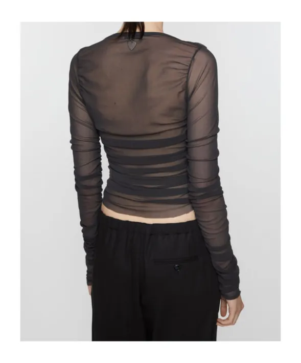 V-Neck Semi-Sheer Ruched Blouse