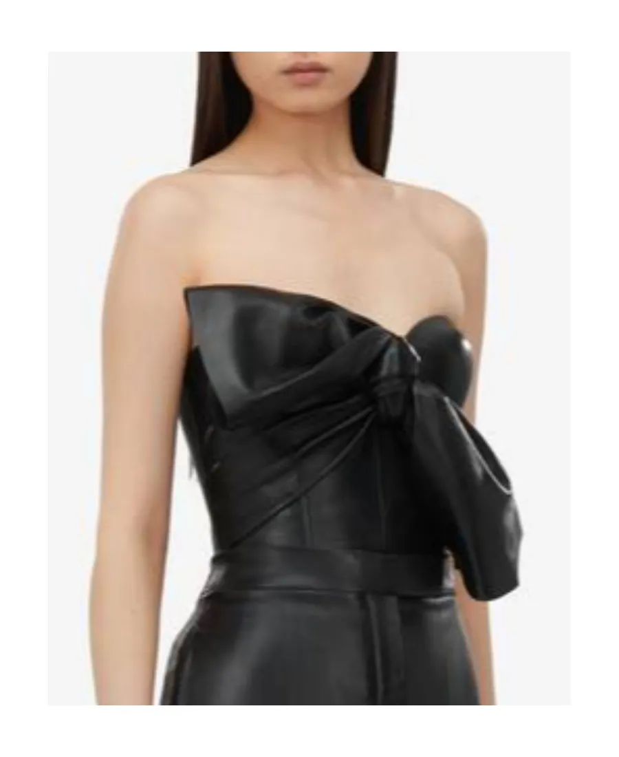 Knotted-Bow Leather Corset Top