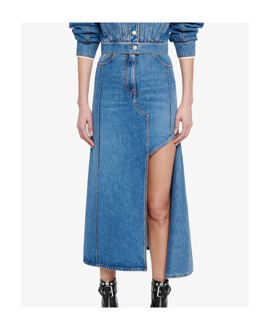 Slashed Cut-Out Denim Midi Skirt