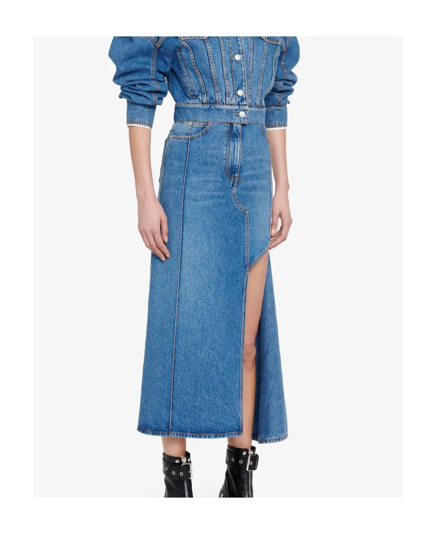 Slashed Cut-Out Denim Midi Skirt
