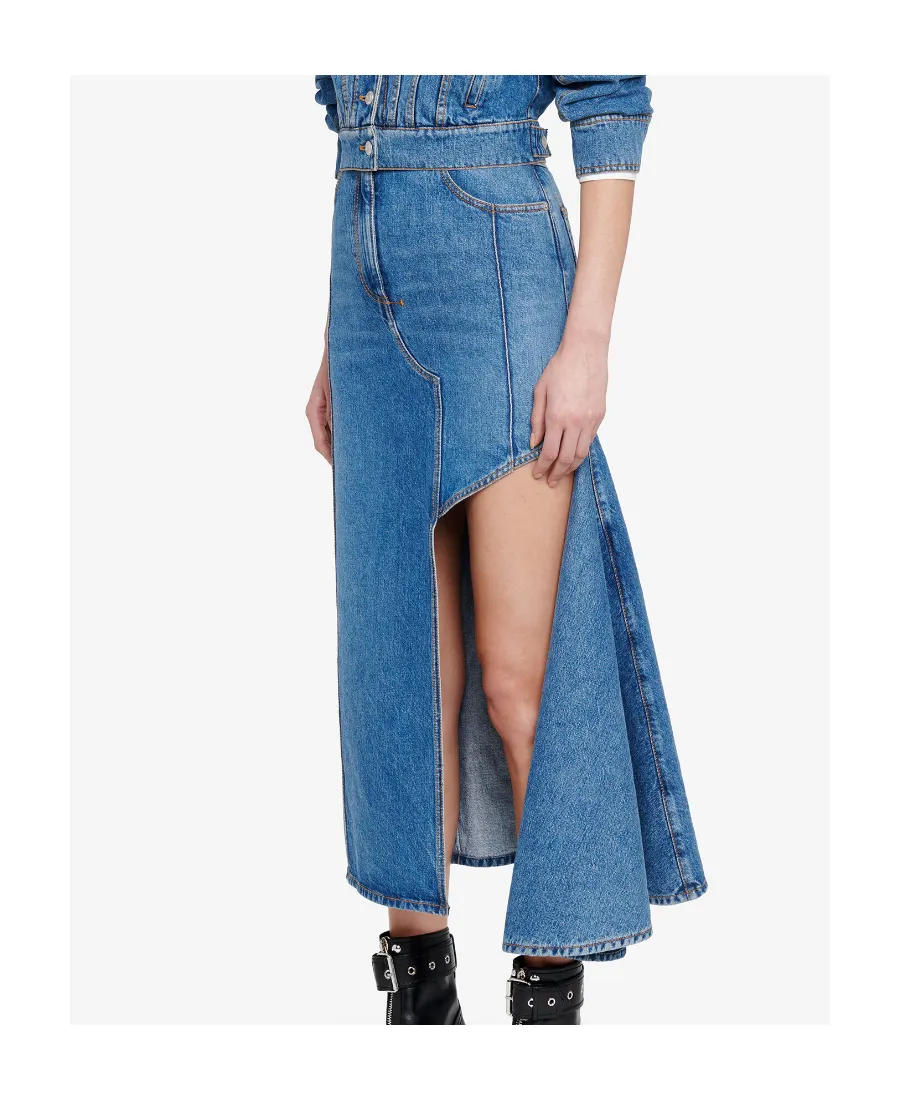 Slashed Cut-Out Denim Midi Skirt