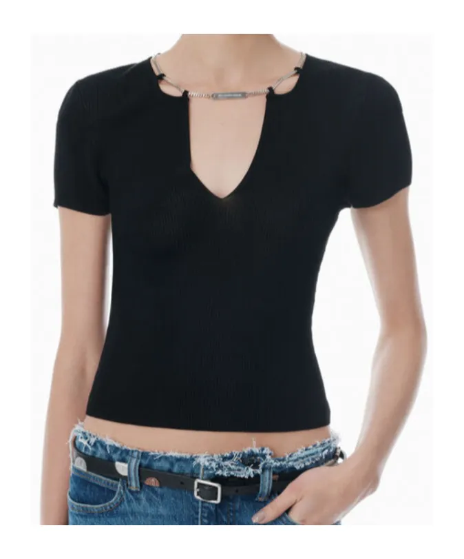 Chain-Linked V-Neck Ribbed Top