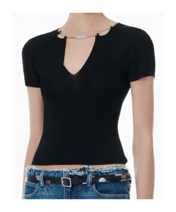 Chain-Linked V-Neck Ribbed Top