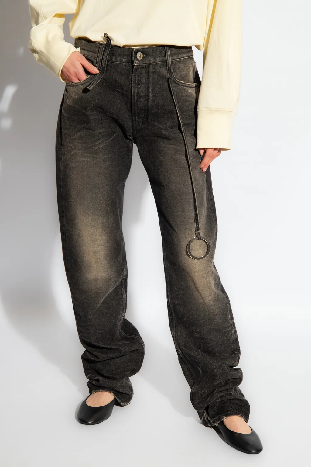 Mid-Rise Tapered-Leg Ring-Embellished Jeans