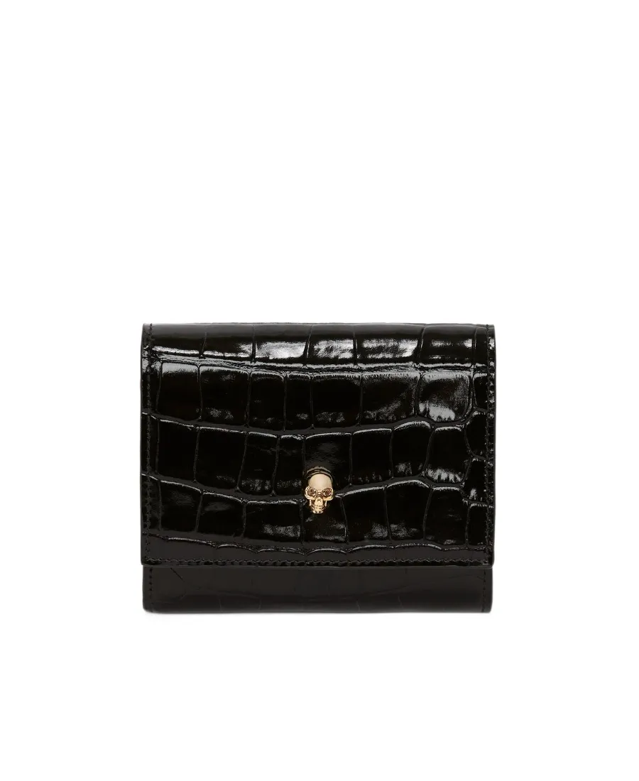 Skull-Charm Embossed Tri-Fold Wallet