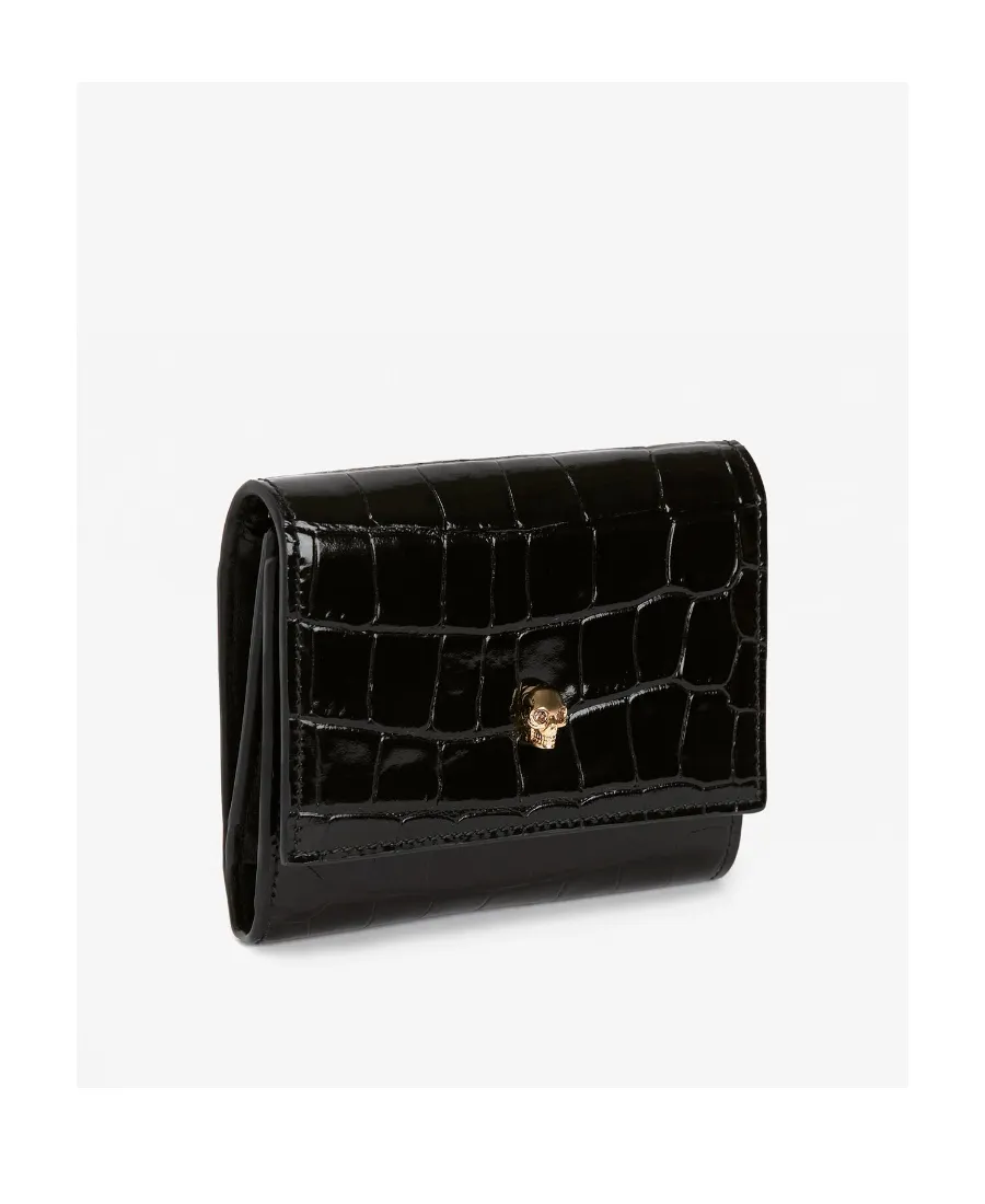 Skull-Charm Embossed Tri-Fold Wallet