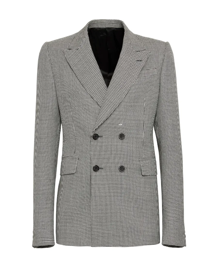 Houndstooth-Printed Double-Breasted Tailored Blazer