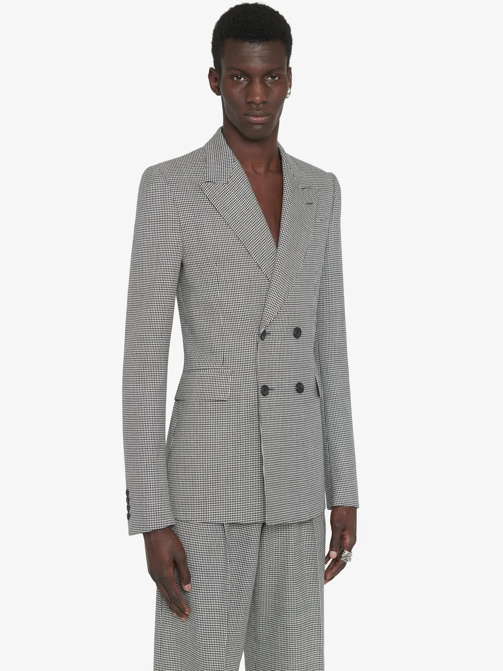 Houndstooth-Printed Double-Breasted Tailored Blazer