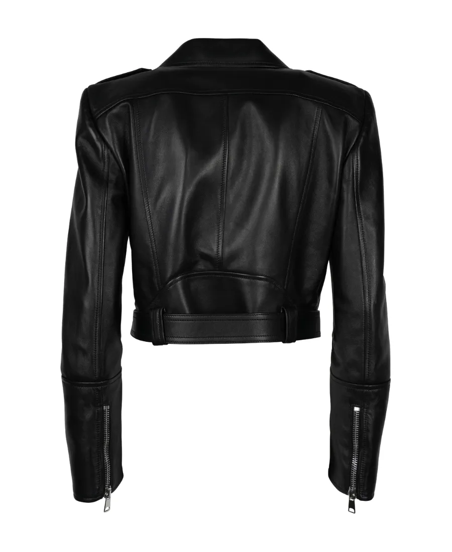 Cropped Zipped Leather Biker Jacket