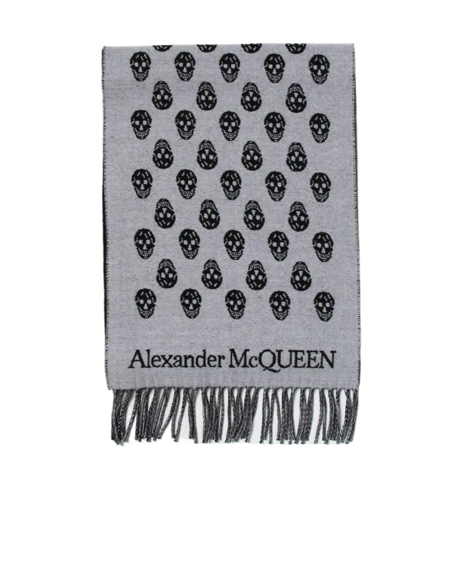 Skull Intarsia Knitted Fringed Scarf