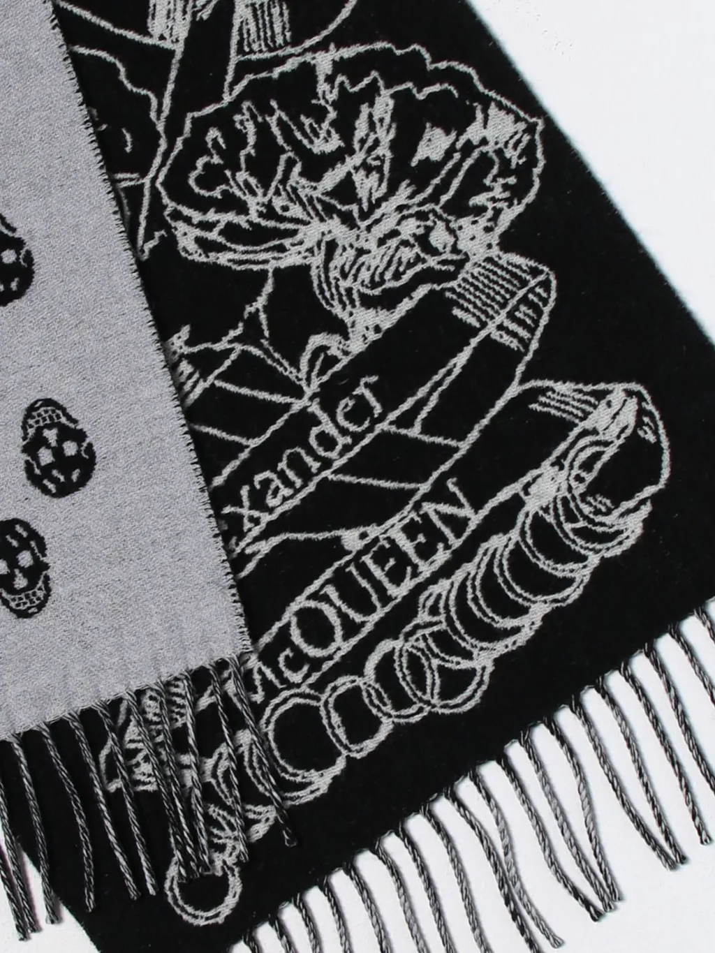 Skull Intarsia Knitted Fringed Scarf