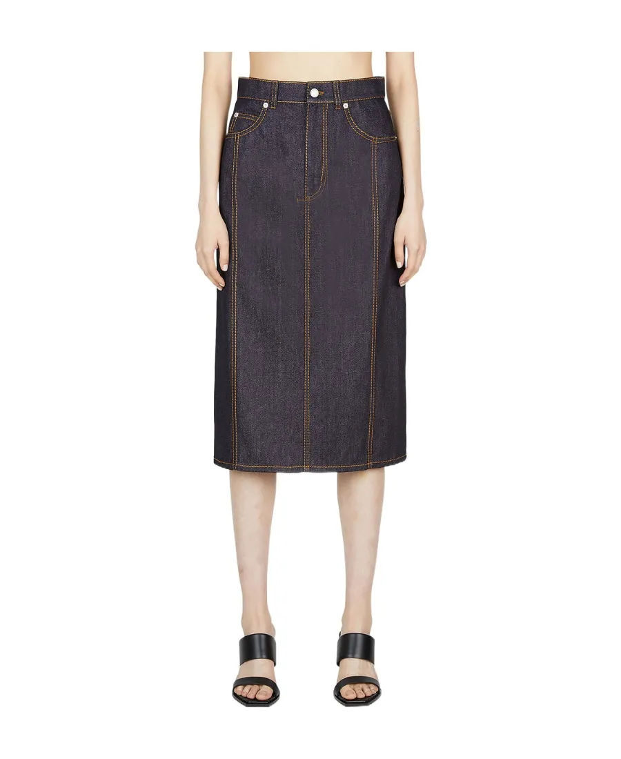 Contrast-Stitching Denim Midi Skirt
