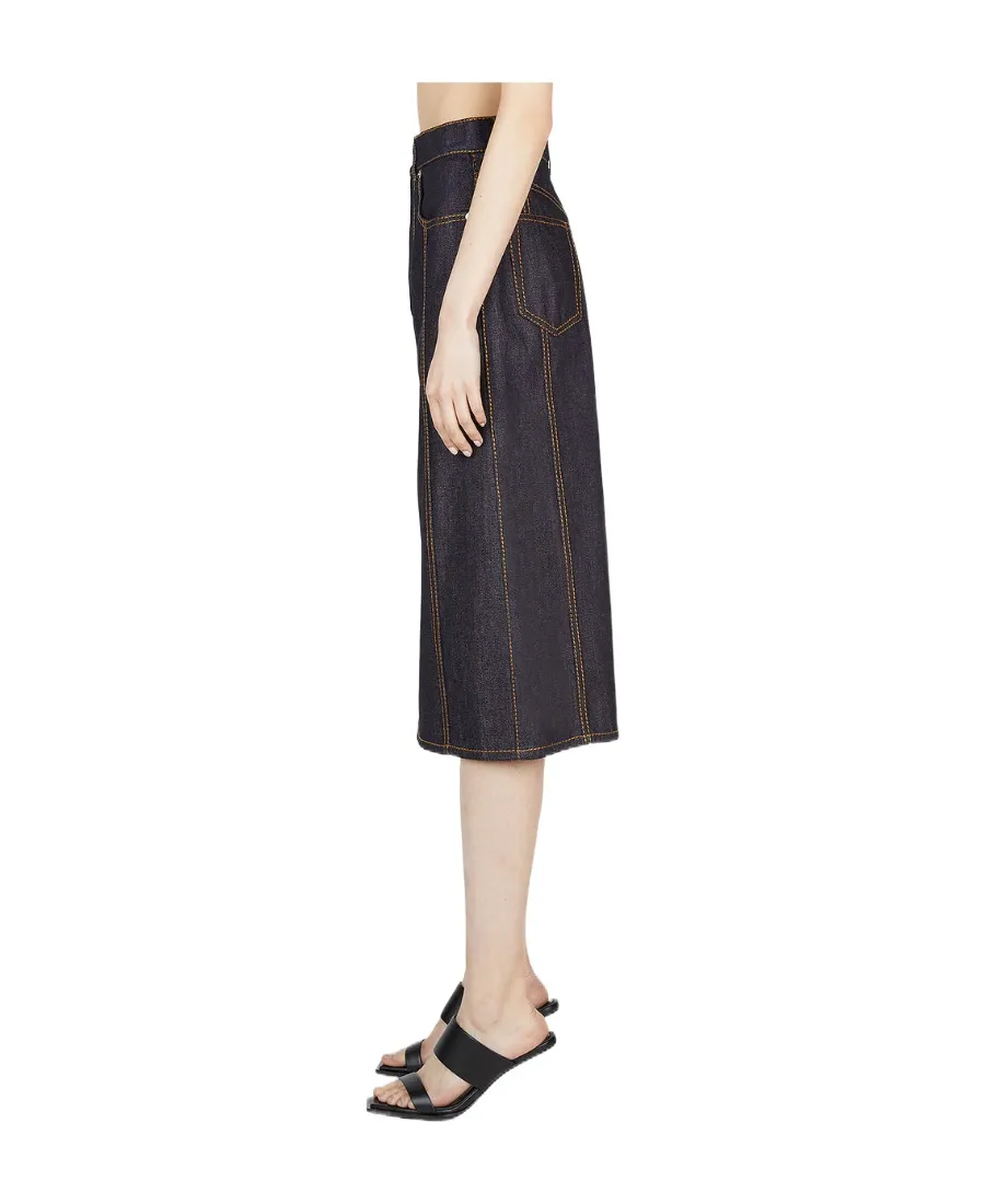 Contrast-Stitching Denim Midi Skirt
