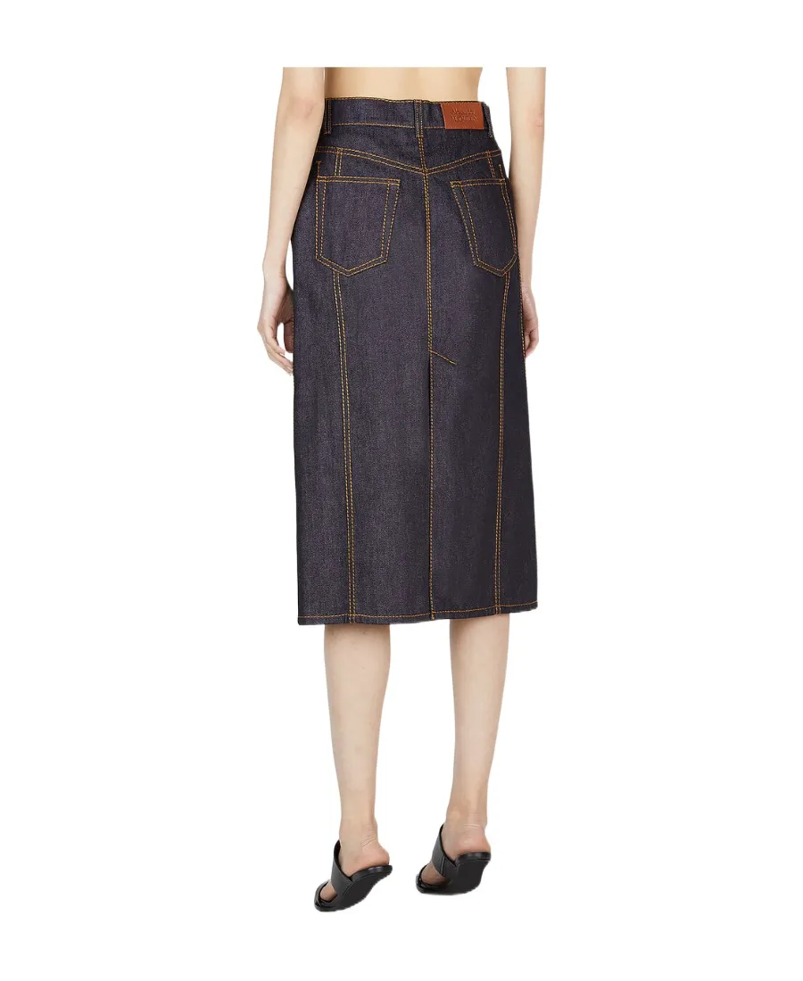 Contrast-Stitching Denim Midi Skirt