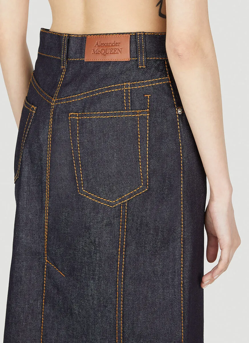 Contrast-Stitching Denim Midi Skirt