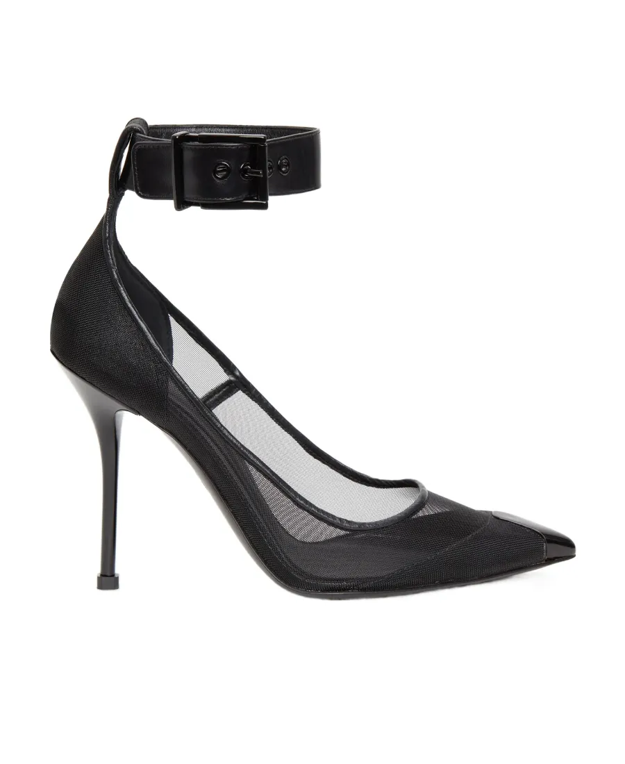 Mesh-Panelled Ankle Buckled Pumps
