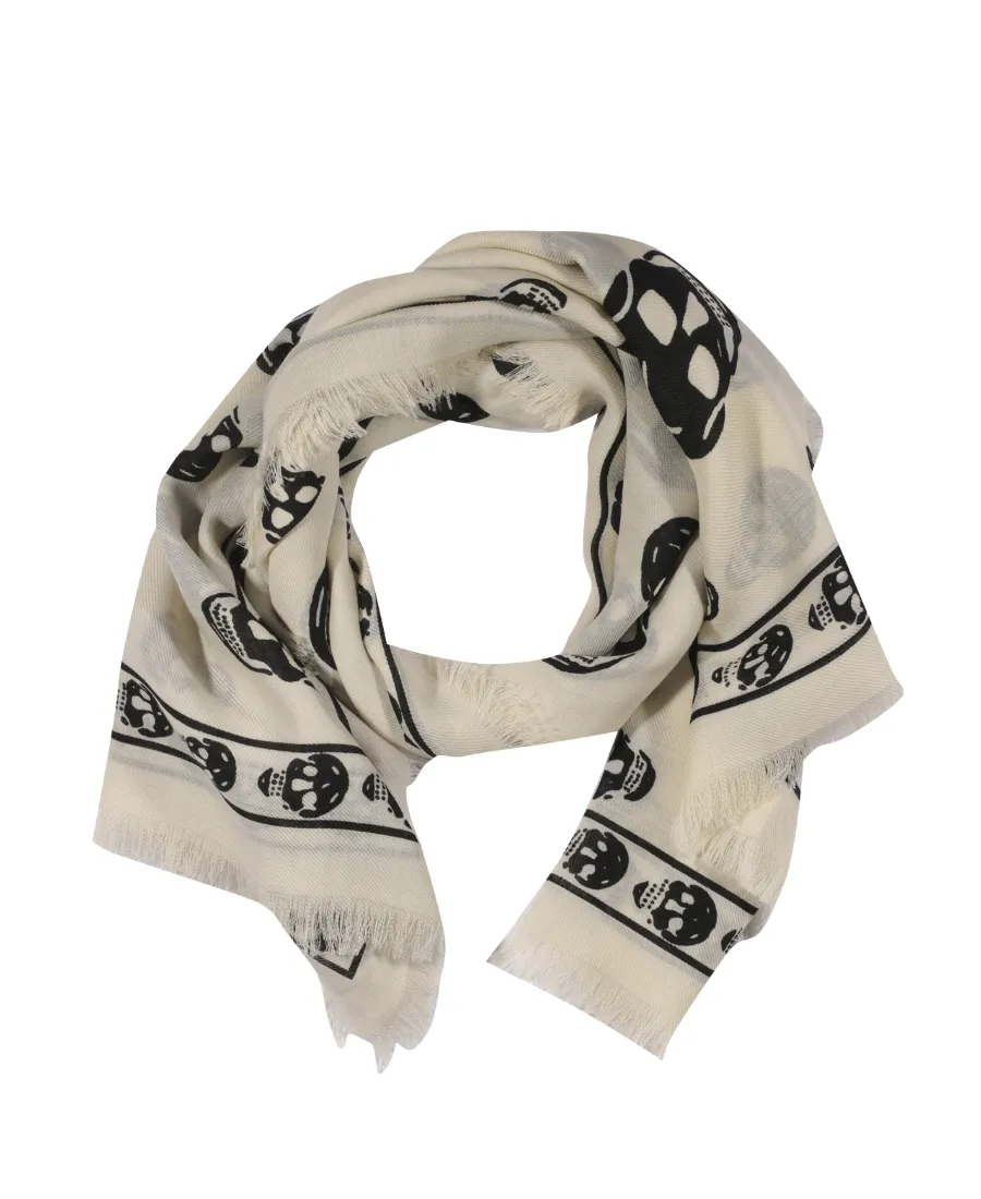 Skull-Printed Fringed Scarf