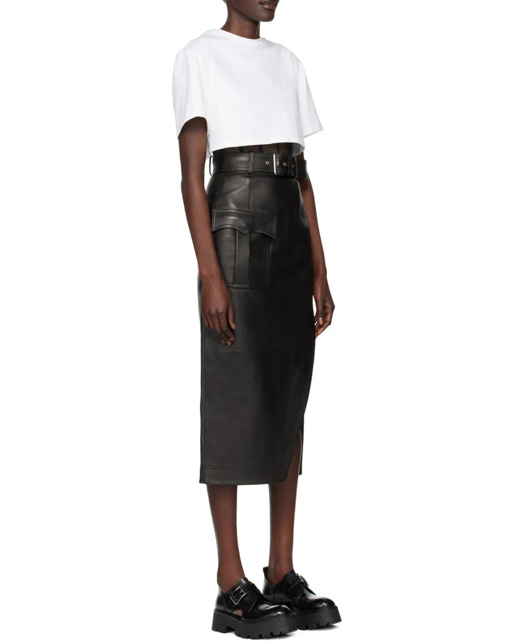 Slash Side Split Belted Skirt