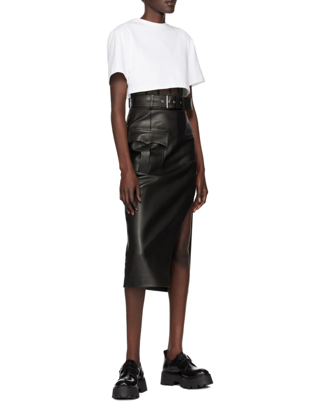 Slash Side Split Belted Skirt