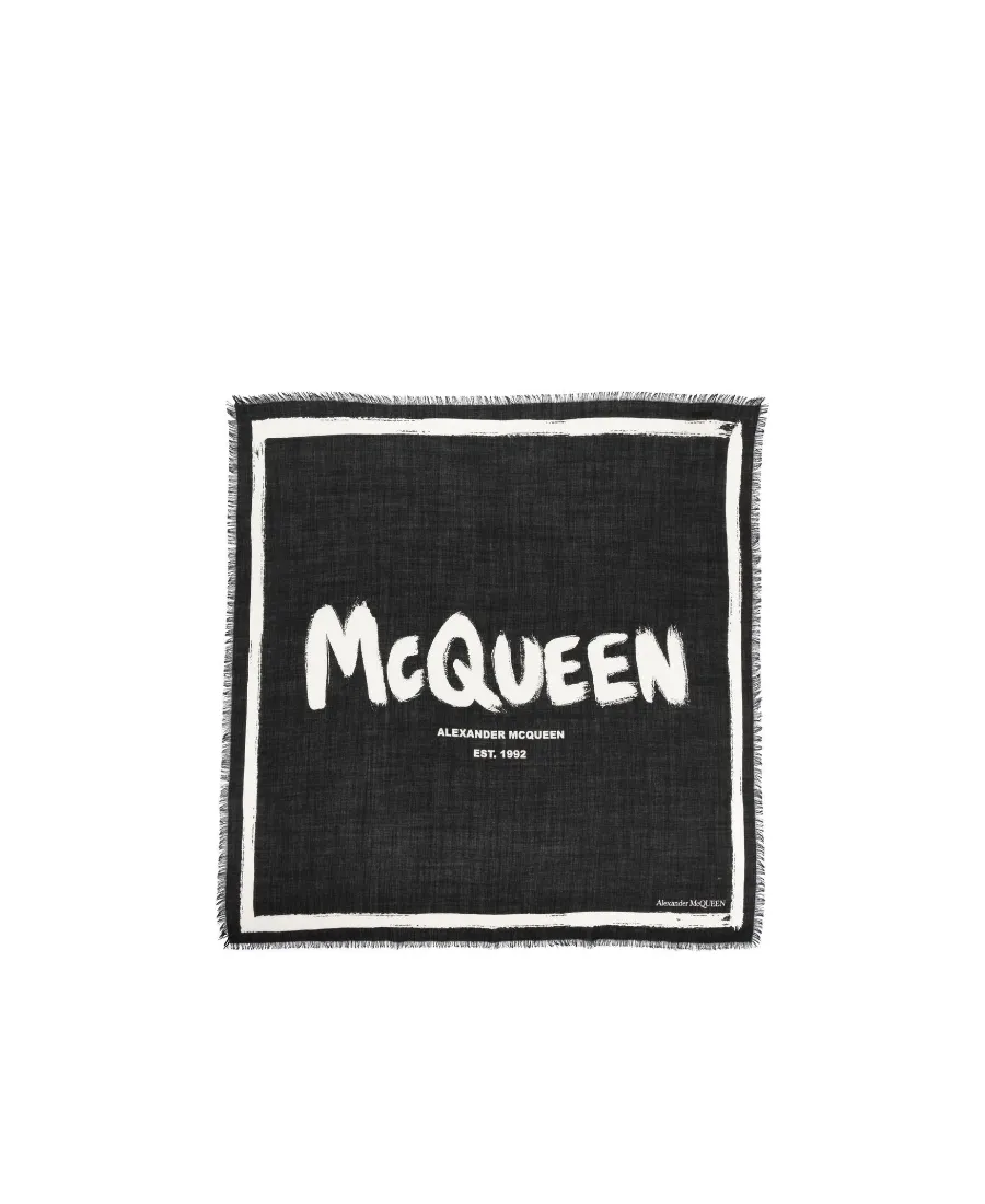 Graffiti-Printed Frayed Edge Scarf
