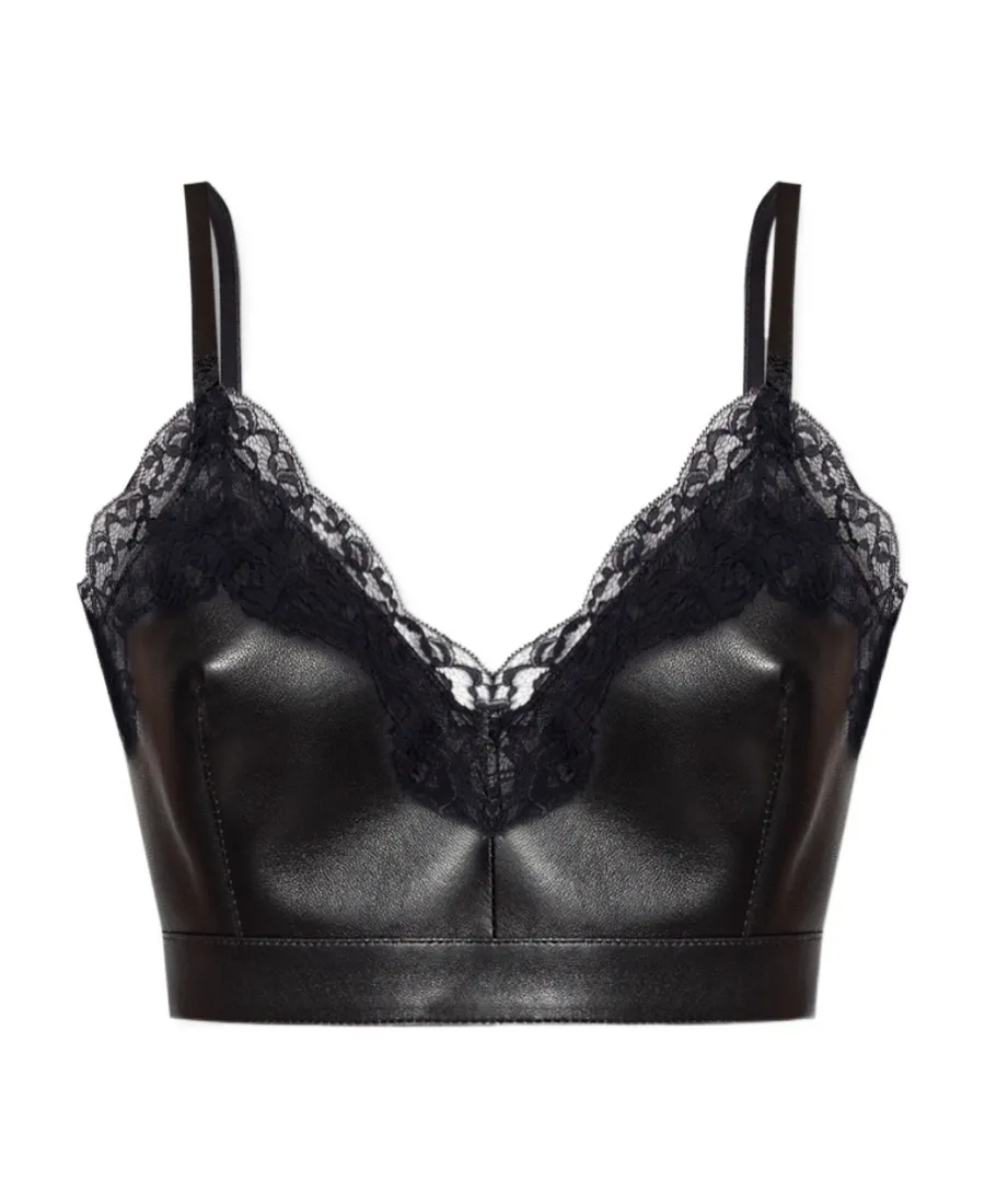 Cropped Lace-Trim Leather Top