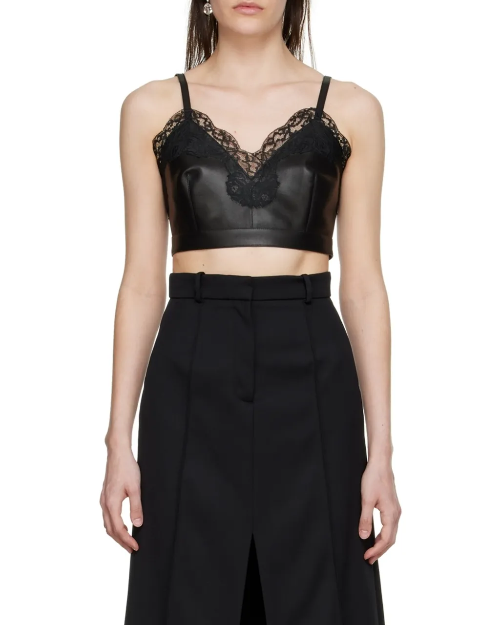 Cropped Lace-Trim Leather Top