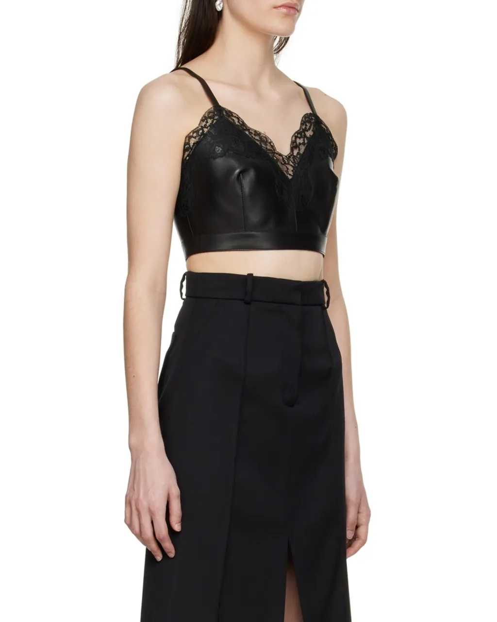 Cropped Lace-Trim Leather Top
