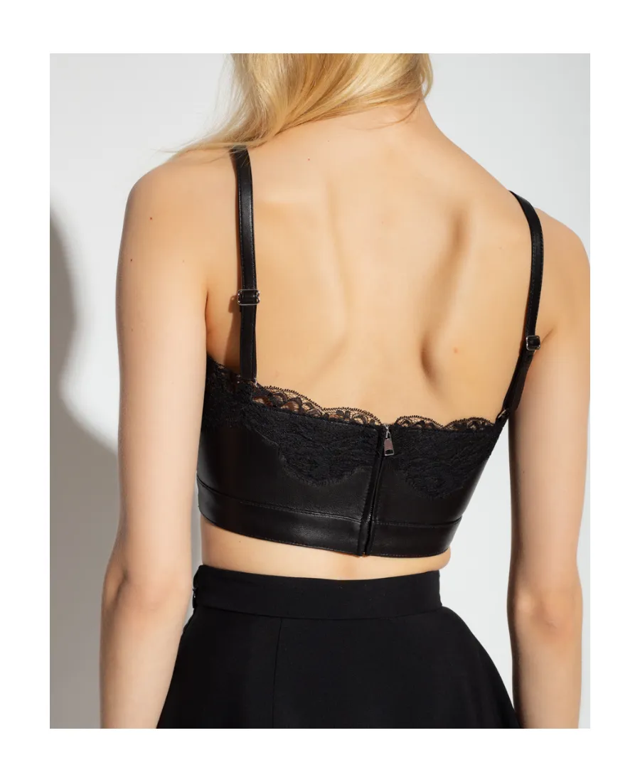 Cropped Lace-Trim Leather Top