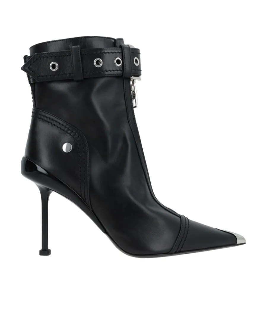 Buckle-Fastened Pointed-Toe Ankle Boots