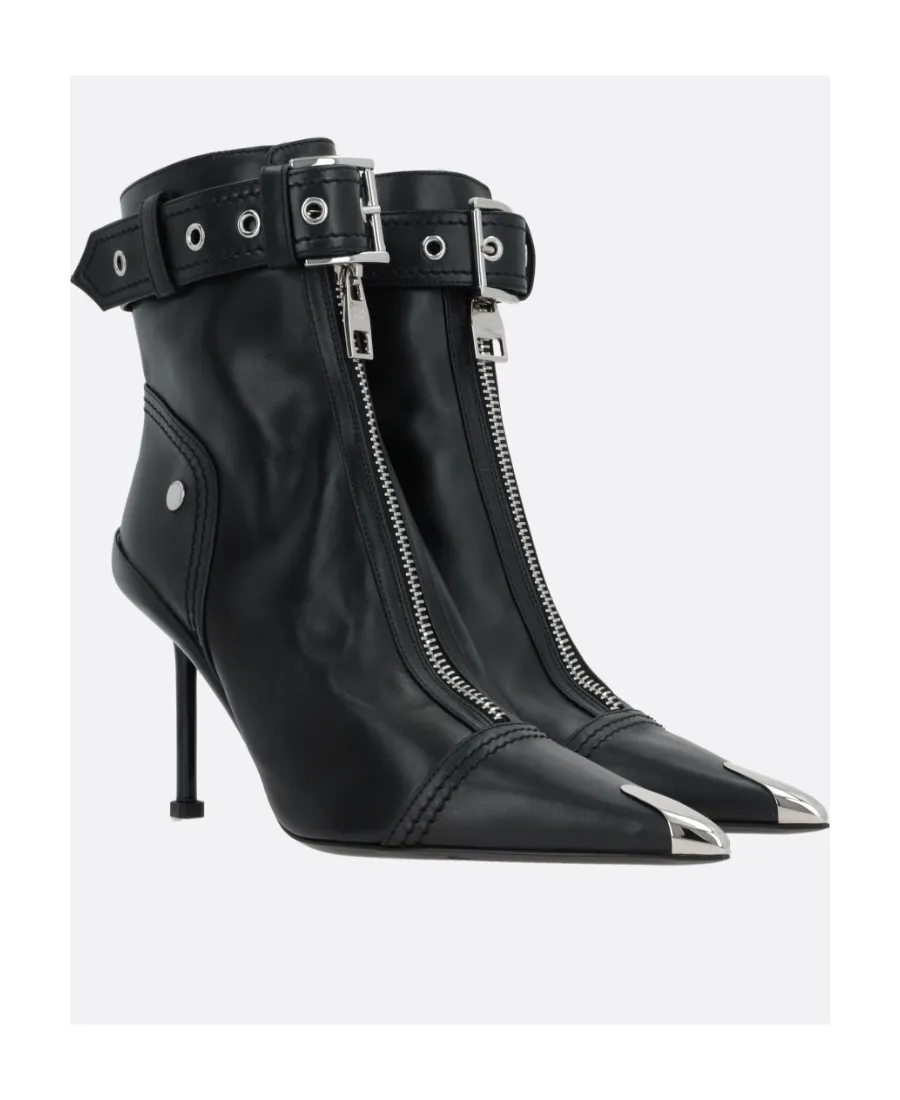 Buckle-Fastened Pointed-Toe Ankle Boots