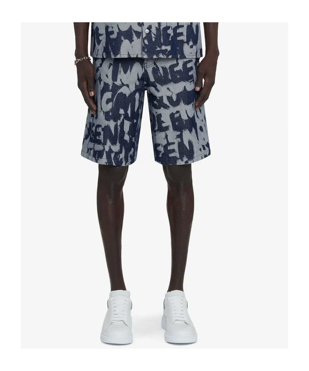 Graffiti Printed Bermuda Denim Shorts