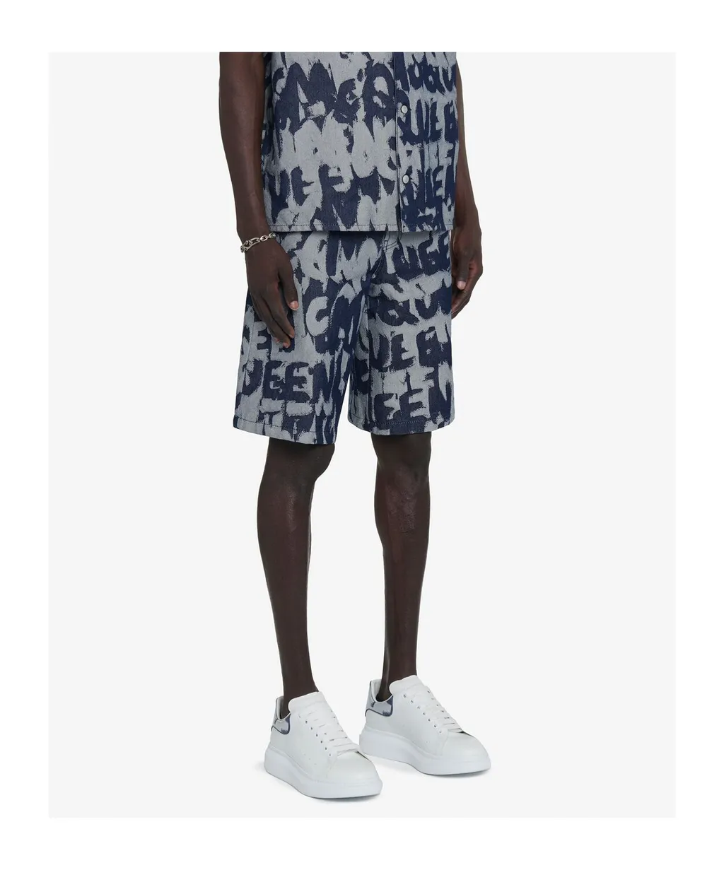 Graffiti Printed Bermuda Denim Shorts