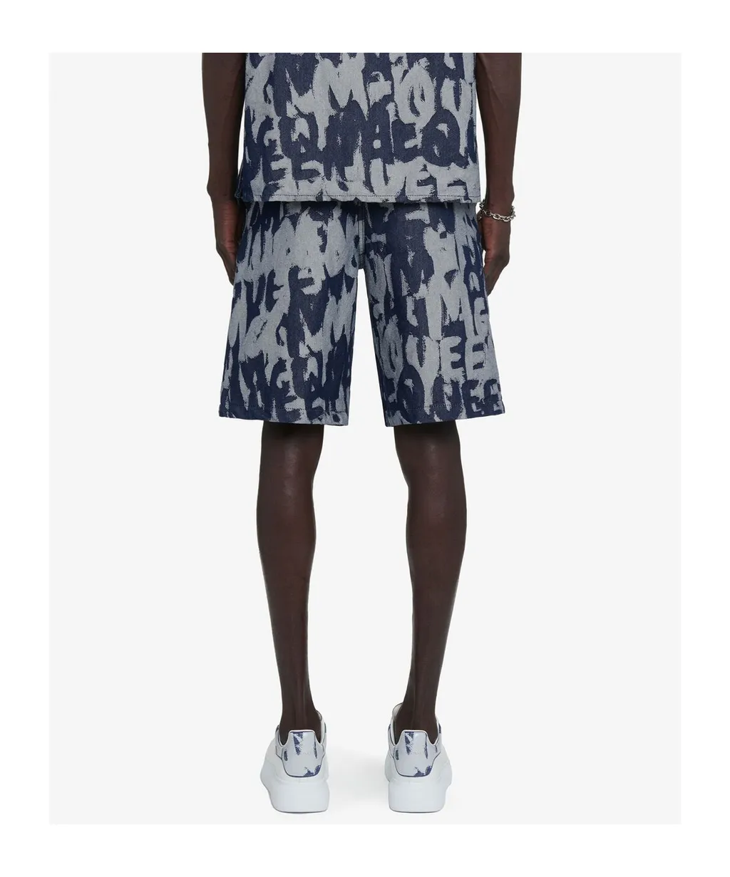 Graffiti Printed Bermuda Denim Shorts
