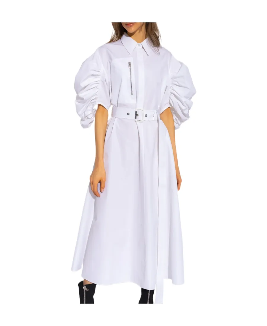 Puff-Sleeve Belted Cotton Shirt Dress
