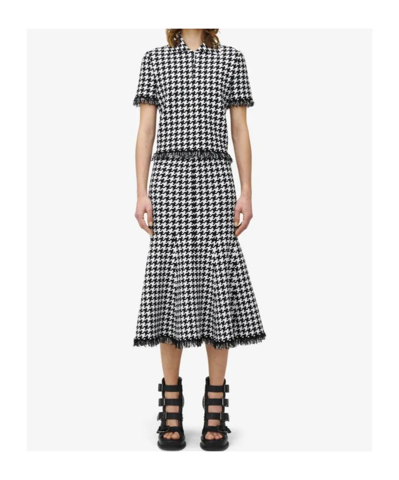 Houndstooth Frayed-Edge Midi Skirt